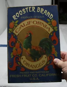 Rooster Brand Chickens Orange Citrus Fruit Crate Label Tin Wall Hanger - Picture 1 of 7