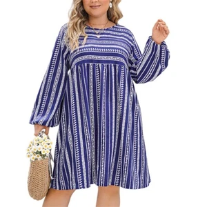Plus Size Casual Knee-High Stripe Print Tunic Dress Crew Neck Long Sleeve Dress - Picture 1 of 7