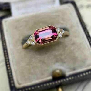 2CT Emerald Cut Lab Created Pink Tourmaline Wedding Ring 14K Yellow Gold Finish - Picture 1 of 5