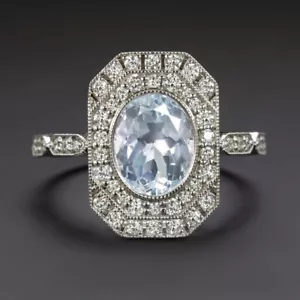 AQUAMARINE DIAMOND COCKTAIL RING VINTAGE STYLE ART DECO HALO OVAL 14k WHITE GOLD - Picture 1 of 1