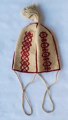 19th-Century Handknit Cotton & Wool Children's Cap Folk Art Pattern Adirondacks - Image 1 of 3