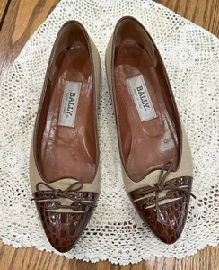 Bally Preppy Cap Toe Croc on Linen Ballet Flats Brown Beige Leather Bow Italy 14 - Picture 1 of 9