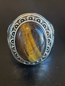 Trendy Tigers Eye Stone S925 Silver Plated Women Men Statement Ring Size 10 - Picture 1 of 9