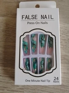 False Salon Nails Nude Jade Marble Mint Green Mix Match Glitter Coffin Stiletto - Picture 1 of 1