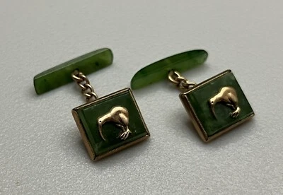 Gemelos antiguos finos de oro de 9 quilates y jade verde KIWI Bird Estate 8,6 g Foto 1 de 4