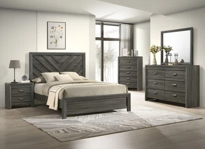 Contemporary Gray Full Size 5pc Panel Bed Set Wooden Master Bedroom Furniture - Image 1 of 4