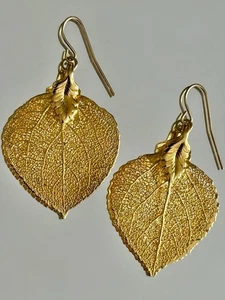 Aspen Leaf Ohrringe Gold getaucht 24Kt Gold zierlicher Chandelier baumeln altes Geld - Bild 1 von 1