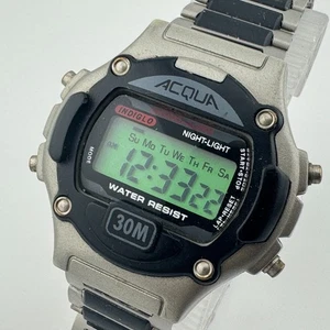 VTG Acqua by Timex Digital Watch Men 30m Black Silver Chrono New Battery 7.75" - Picture 1 of 6
