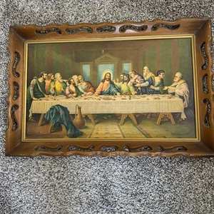 Vintage Das letzte Abendmahl Holz gerahmte Ausschnitte 23” lang 15” breit Rechteck Jesus MCM - Bild 1 von 8