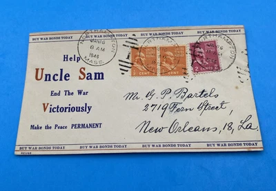 1946 Northampton MA Help Uncle Sam REUSS Patriotic Cover 3¢ Prexie Franking WWII - Image 1 of 4