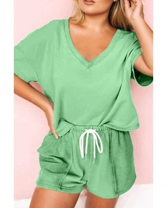 Azura Exchange Mint Green Plus Size V Neck Tee Patched Pocket Drawstring Shorts - Picture 1 of 14