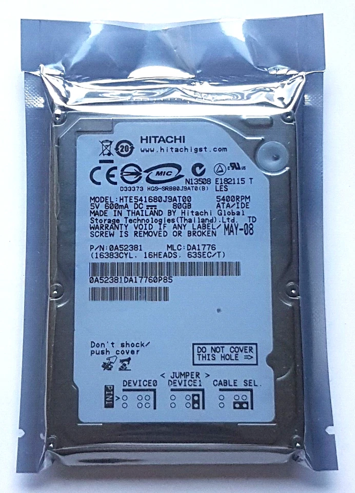 80 GB Ide Hitachi HTE541680J9AT00 P-Ata 5400rpm 8MB HDD 2.5 " Hard Drive New - Image 1 of 1
