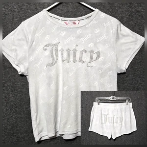 Juicy Couture Pajama Set Women XL Silver Bling Velour Shirt Shorts Y2K Logo - Picture 1 of 15
