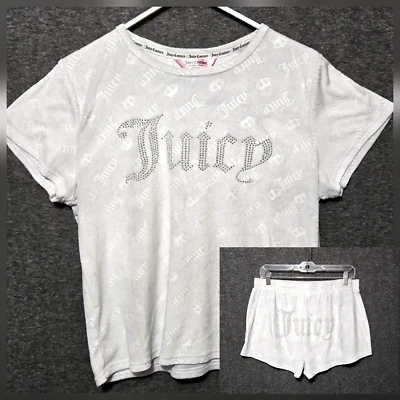 Conjunto de pijama Juicy Couture para mujer XL plateado brillante terciopelo camisa pantalones cortos logotipo Y2K Foto 1 de 4