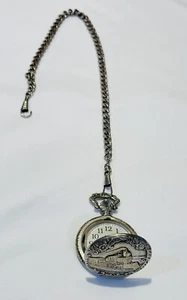 Reloj Bolsillo Vintage Motivo Tren Con Cadena Plateado Japón Movt LTD - Imagen 1 de 7