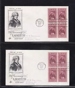 USA 1957 2 FDCs LAFAYETTE BLOCK OF 4 + CACHET FAYETEVILLE & EASTON POSTMARKS - Picture 1 of 1