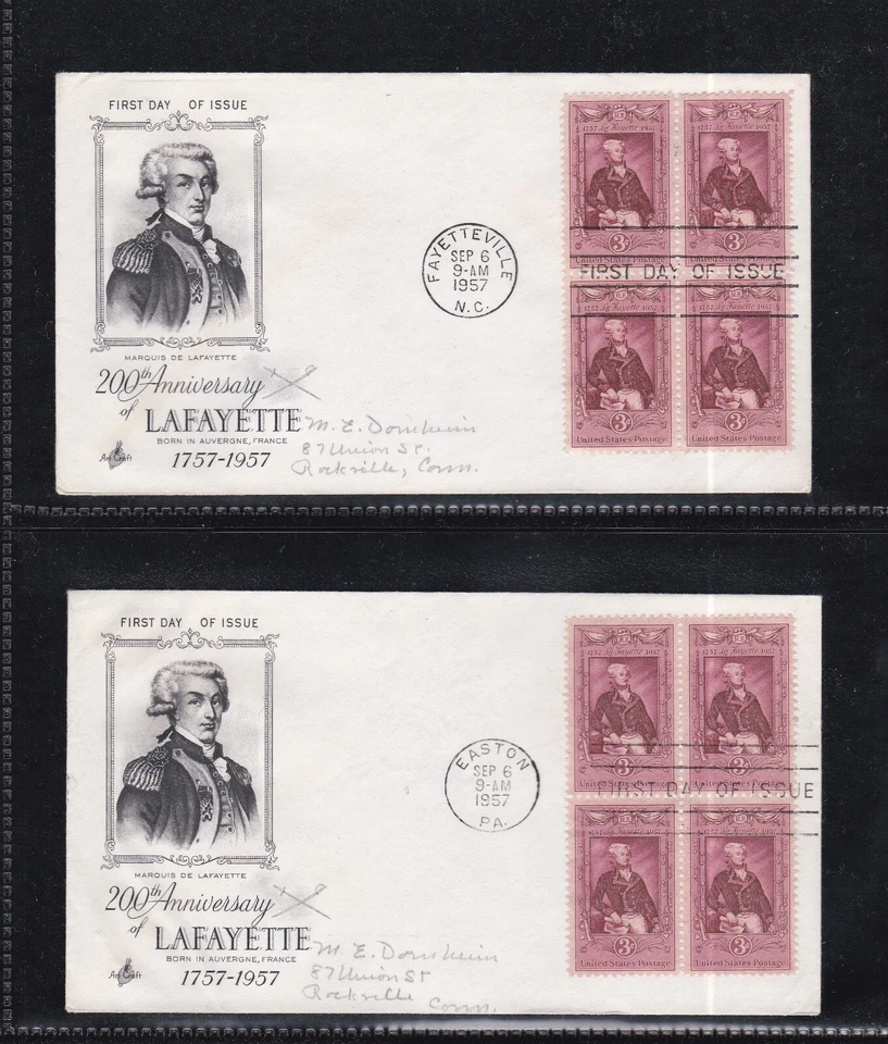 USA 1957 2 FDCs LAFAYETTE BLOCK OF 4 + CACHET FAYETEVILLE & EASTON POSTMARKS - Image 1 of 1