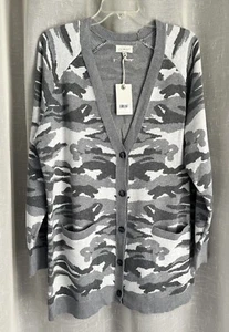 NWT Lucky Brand 1X Button Cardigan Pockets Raglan L/S Cotton Blend Camo Gray - Picture 1 of 9
