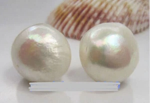Riesige AAA 15-14mm natürliche Südsee weiße Barock Perlen Ohrringe 14k Gelbgold - Bild 1 von 3