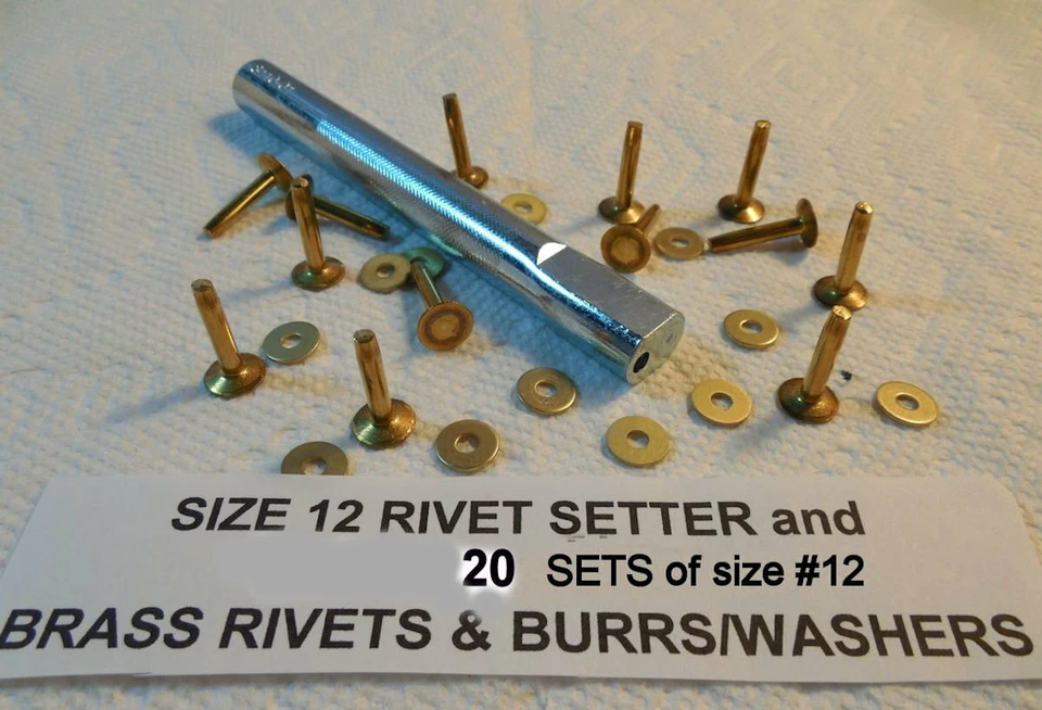 #12 SETTER & 20-pc Set Assortment of SOLID BRASS Rivets & Burrs 1/2"_3/4"_1" - Image 1 of 1