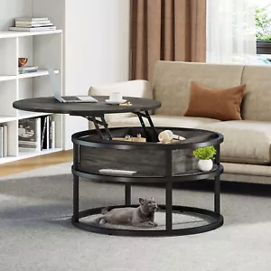 Modern Lift Top Round Coffee Table Cocktail Table w/ Hidden Storage & Open Shelf - Picture 1 of 9