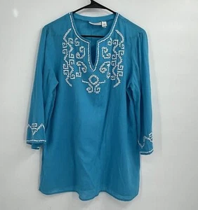 Chico's turquoise cerulean blue beaded 3/4 sleeve tunic size 1 linen blend - Picture 1 of 6