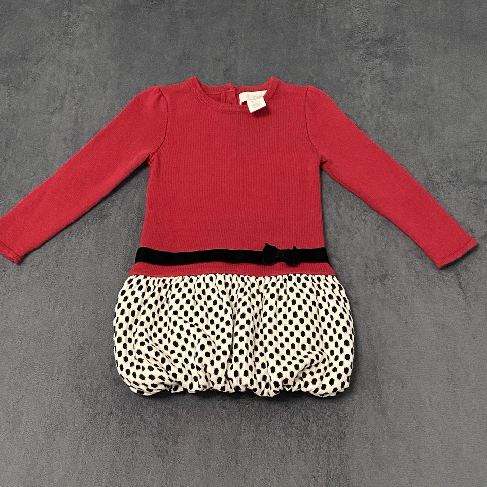 Camilla Sweater Dress Girls 4T Red Black White L/S Bubble Hem Bow Holiday Party - Image 1 of 4