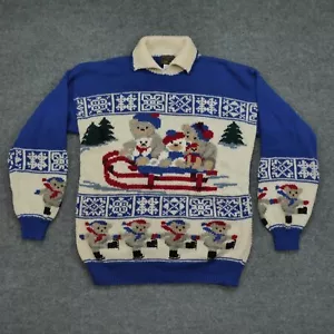 Vintage South Wool Sweater Large Blue Winter Christmas Bears Snow 80s 90s - Picture 1 of 13