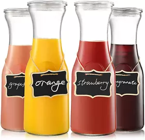 Set of 4 Glass Carafes with Lid, 1 Liter Pitcher - Clear Beverage Serveware - Picture 1 of 12