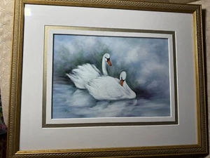 Superb K Logue "Two Swans" Mixed Media Painting - Signed And Framed - Picture 1 of 15
