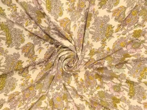 Tela artesanal de sari estampado floral beige vintage indio crepé musgo MSS1062 - Imagen 1 de 8