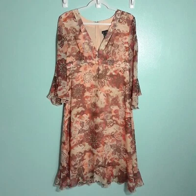 Vestido Max and Cleo Talla 10 Floral 100% Seda Marrón Melocotón Manga Campana Volantes Fiesta Foto 1 de 4