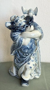 ANTICA STATUA CINESE GUERRIERO IN PORCELLANA BIANCA E BLU INIZIO 1900 - Foto 1 di 14
