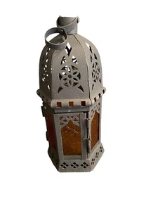 Moroccan Designed Decorative Black Metal and Orange Glass Lantern - Picture 1 of 5