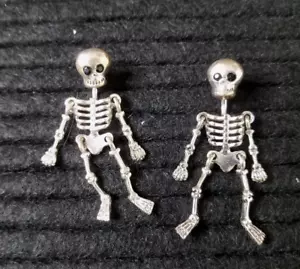 Moving Dangle Style Skeleton Pierced Earrings Silver Tone w/Rhinestone Eyes 1.5" - Picture 1 of 4