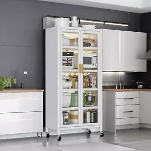 Kitchen Pantry Cabinet 65.2" Tall Moveable Freestanding Storage Cabinet 4 Wheels - Picture 1 of 12