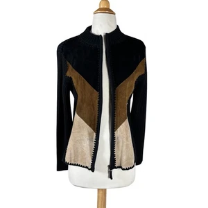 Vtg Sweater Suede Knit Cardigan Jacket Patchwork Retro 70s 90s Y2K - Picture 1 of 7