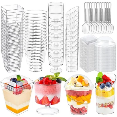 Paquete de 380 mini tazas de postre con cucharas y tapas, mini tazas de parfait transparentes de 5 oz... Foto 1 de 4
