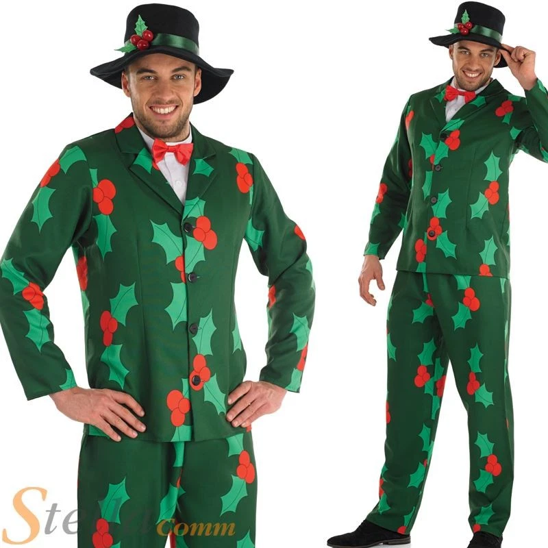Traje Para Hombres Estampado Acebo Verde Navidad Adulto Vestido Elegante Disfraz y Sombrero Foto 1 de 1