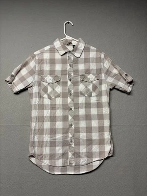 Camisa Hang Ten Para Hombre Pequeña Marrón Blanca Abotonada Algodón Manga Corta Bolsillos Foto 1 de 4