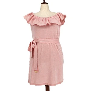 Michael Kors Women Pink Striped Casual Ruffle Off-the-Shoulder Mini Dress Size L - Picture 1 of 8