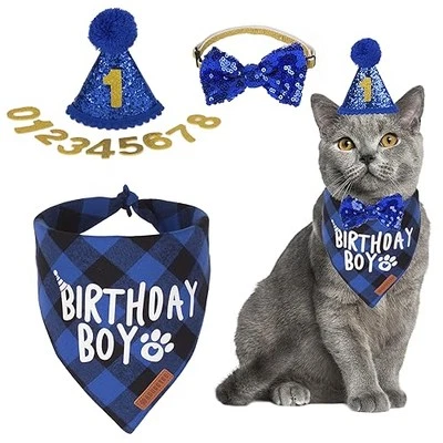  Suministros para fiestas de cumpleaños para gatos, pañuelo a cuadros para gatito fiesta para gatos azul Foto 1 de 4