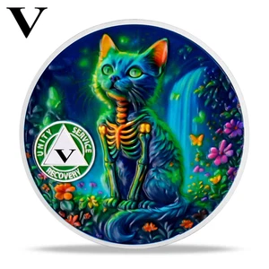 5 Year AA Sobriety Coin Medallion - Glowing Cat Blue Enamel Fifth Year V Five - Picture 1 of 18