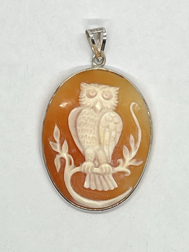 Ciondolo Cammeo Gufo Inciso A Mano Su Corniola-Argento 925-Amuleto Di Saggezza - Immagine 1 di 4