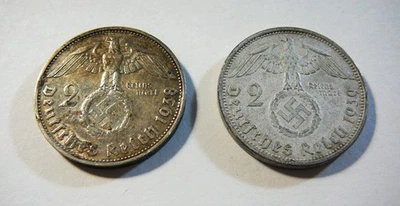 Alemania 3er Reich Segunda Guerra Mundial Plata 1938 E y 1939 Un Reichsmark con esvástica Foto 1 de 2