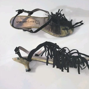 Sheridan Mia Schlangenleder schwarz Leder T-Riemen Fransen Pfennigabsatz Sandalen Größe 7 US - Bild 1 von 10