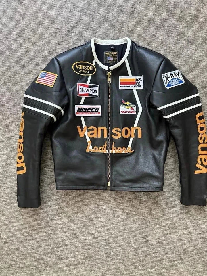 Vanson Leathers Racing Motorcycle Jacket Black Cowhide Biker Jacket with Patches - Image 1 of 4