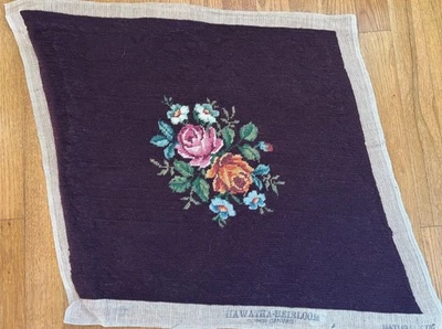 Antique Wool Floral Needlepoint Panel Cover Burgundy Chair Seat 19.5 x 18 - Image 1 of 2