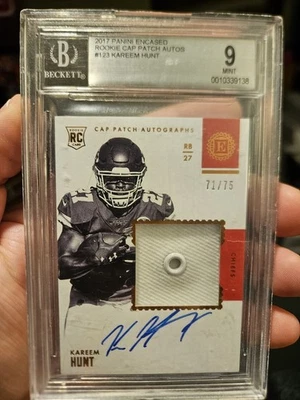 BGS 9/10 2017 Encased Kareem Hunt ROOKIE CAP PATCH AUTO /75🔥RC #123🔥MINT SSP🔥 - Image 1 of 2