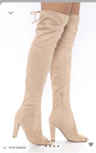 FASHION NOVA CALL ON ME PEEP TOE KNEE BOOT TAUPE SIZE 10 - Picture 1 of 11